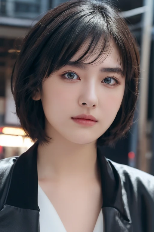 (award winning, 8k, super detailed, high resolution, best quality, photography, portrait), 1girl, solo, beautiful girl, beautiful eyes, detailed eyes, (black eye), jacket, short hair, black hair, street background, POV, ((upper body))