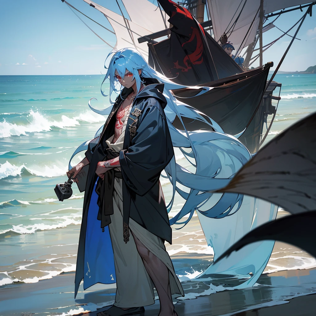 1male, young adult, dark skin, finely detailed red eyes, wild long hair, pale blue hair color, loose pirate clothing, oversized hood, standing on coast, day time, beach, somber expression, muscular, flowers, tattoos