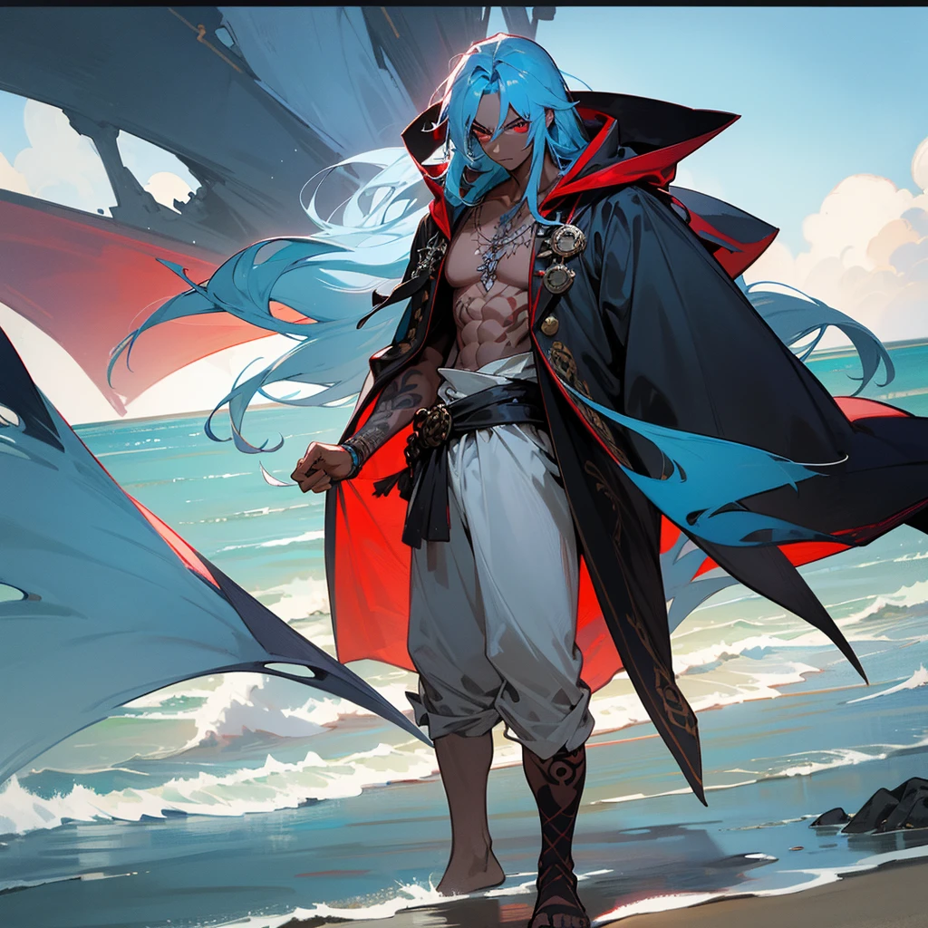 1male, young adult, dark skin, finely detailed red eyes, wild long hair, pale blue hair color, loose pirate clothing, oversized hood, standing on coast, day time, beach, somber expression, muscular, flowers, tattoos