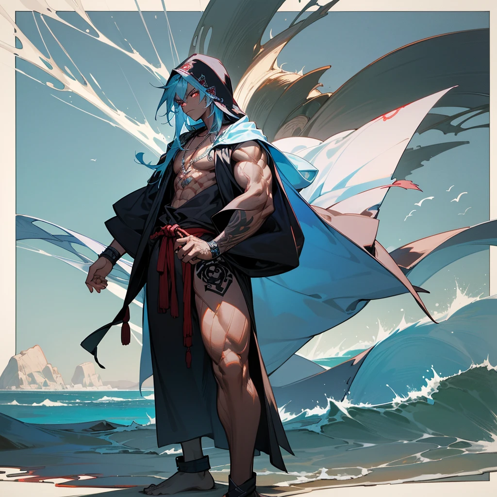 1male, young adult, dark skin, finely detailed red eyes, wild long hair, pale blue hair color, loose pirate clothing, oversized hood, standing on coast, day time, beach, somber expression, muscular, flowers, tattoos