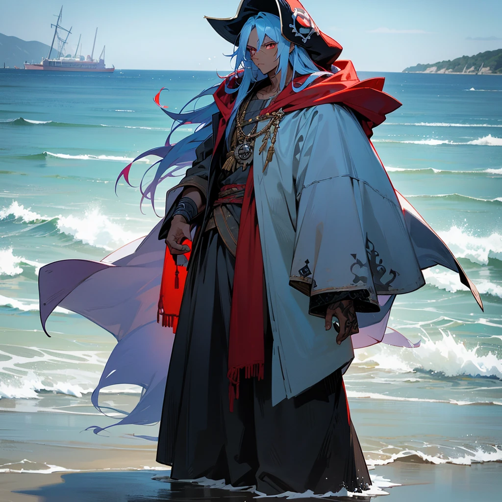1male,  adult, dark skin, finely detailed red eyes, wild long hair, pale blue hair color, loose pirate clothing, oversized hood, standing on coast, day time, beach, somber expression, muscular, flowers, tattoos