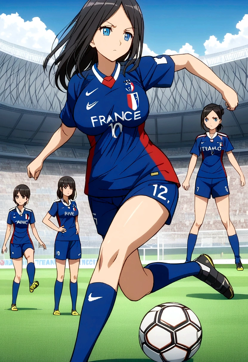 ((anime,)),Women,soccer player,clear skin,thin face ,blue eyes,black hair,wide,fringe,standard height,collected in a queue,big breasts,small waist,long legs,France national team uniform,In a soccer field,kicking the ball.