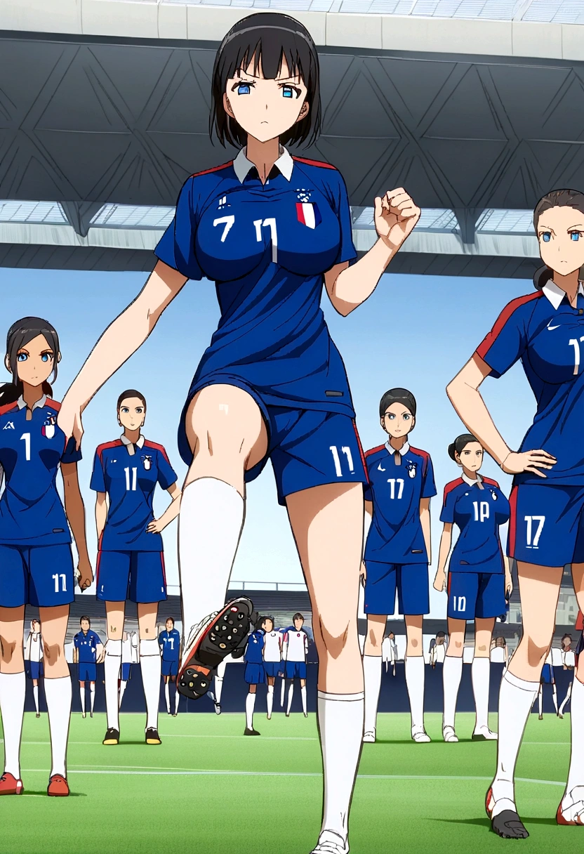 ((anime,)),Women,soccer player,clear skin,thin face ,blue eyes,black hair,wide,fringe,standard height,collected in a queue,big breasts,small waist,long legs,France national team uniform,In a soccer field,kicking the ball.