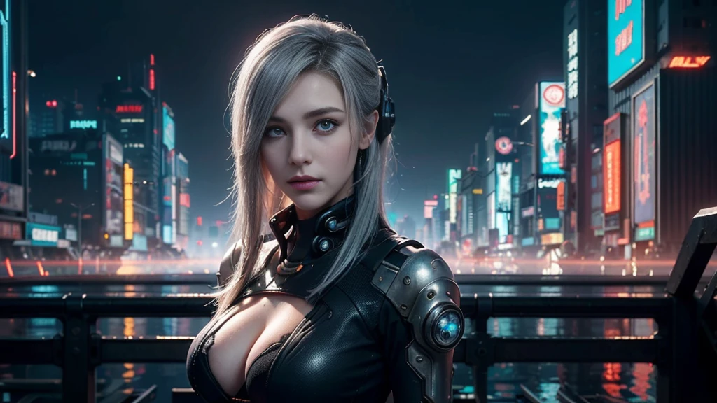masterpiece,best quality,high resolution,8K,(Portraits:1.5),(R Original Photo),The real situation,Digital Photography,(A fusion of cyberpunk and fantasy),(Policewoman),，Feel free to hairstyle,White hair，Purple Eyes，By Bangs,(red eye breasts, Accessories,shut your mouth,Elegant and charming,Serious and arrogant,Calm and handsome,(Combination of cyberpunk and fantasy style clothing,hollow-carved design,Large Breasts，Photo poses,Realistic style,Gray World Background,oc render reflection texture，futuristic city，Medium distance photography