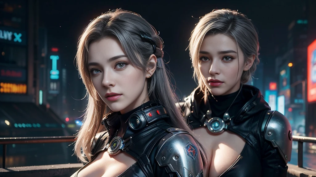masterpiece,best quality,high resolution,8K,(Portraits:1.5),(R Original Photo),The real situation,Digital Photography,(A fusion of cyberpunk and fantasy),(Policewoman),,Feel free to hairstyle,White hair,Purple Eyes,By Bangs,(red eye breasts, Accessories,shut your mouth,Elegant and charming,Serious and arrogant,Calm and handsome,(Combination of cyberpunk and fantasy style clothing,hollow-carved design,Large Breasts,Photo poses,Realistic style,Gray World Background,oc render reflection texture,futuristic city,Medium distance photography