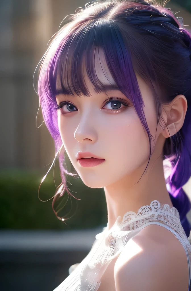 Highest quality,masterpiece,Very detailed,High resolution,4K,ultra High resolution,Detailed Shadows,ultra Realistic,Realistic,Dramatic lighting,One girl,alone,Detailed face,Realistic eyes,Realistic skin,White Dress,Purple Hair,Dynamic pose, White lace dress