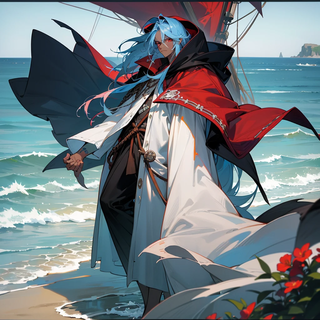 1male, adult, dark skin, finely detailed red eyes, wild long hair, pale blue hair color, loose baggy pirate clothing, oversized hood, standing on coast, day time, beach, somber expression, muscular, flowers, tattoos