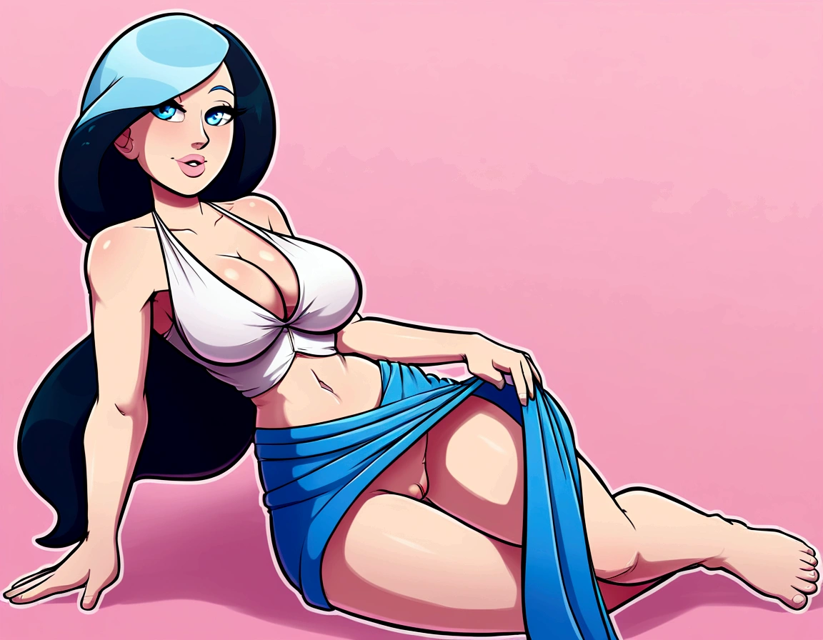 A sexy girl with a big chest, beautiful beauty, light blue hair, her big round blue eye, a light pink lip, she wears a white sleeveless shirt, shows her navel, and a long blue skirt with a long heel, black hair, wearing a pussy.