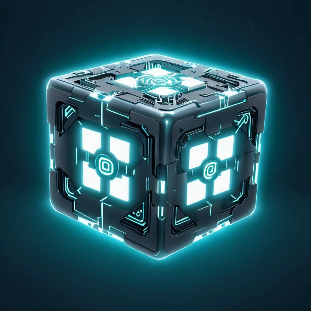 scifi, glowing, neotech, weighted_companion_cube, cyan glowing music symbol, blurry_background,  , hyper detailed