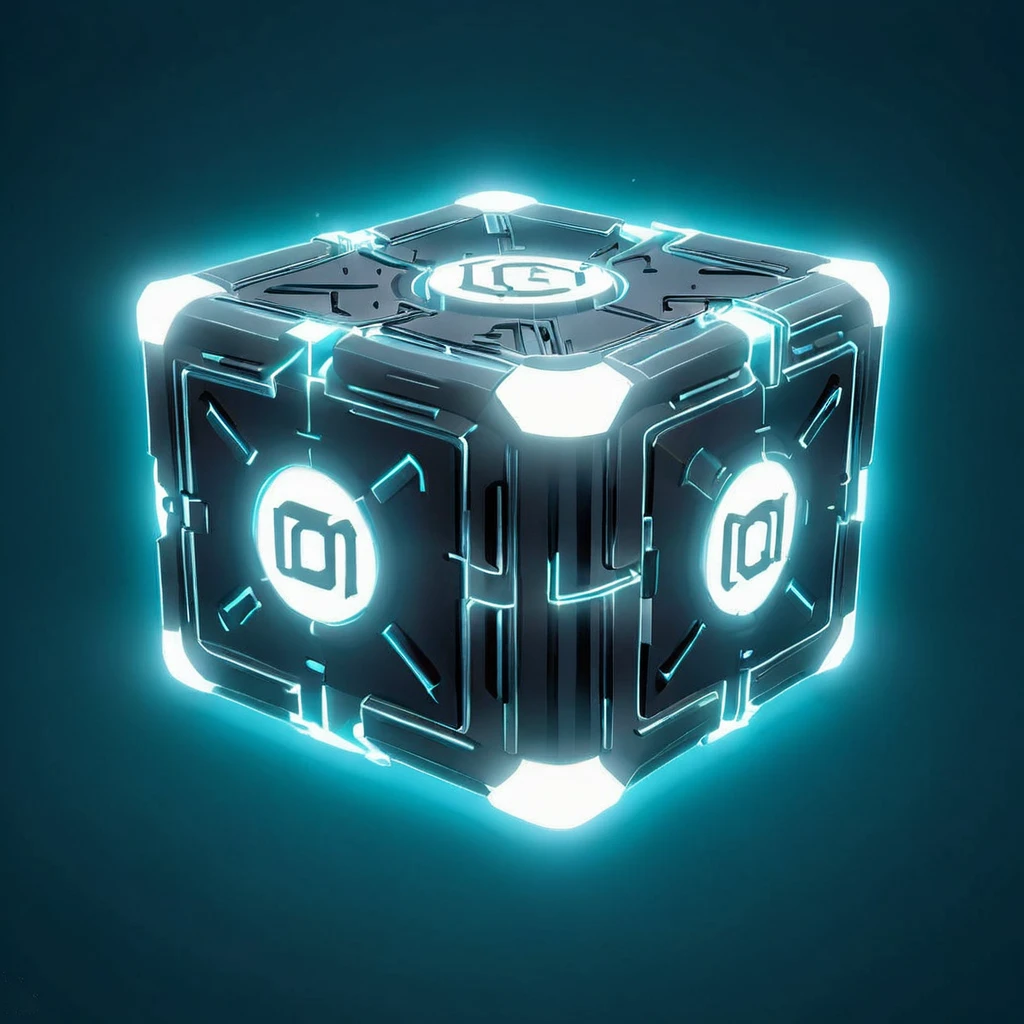 scifi, glowing, neotech, weighted_companion_cube, cyan glowing music symbol, blurry_background, , hyper detailed