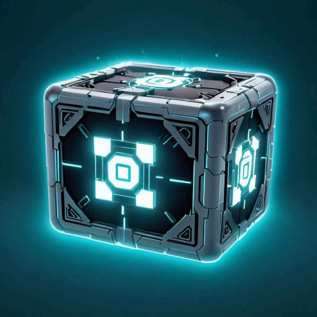 scifi, glowing, neotech, weighted_companion_cube, cyan glowing music symbol, blurry_background,  , hyper detailed