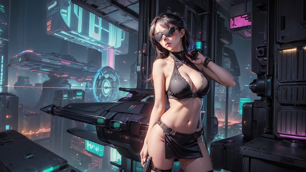 (((aerial view))) of futuristic city, hologram neon buildings, (((futuristic flying cars))) and futuristic cars, Surreal cyberpunk city, in a Future cyberpunk city, 3d rendering Beeple, at night. large-breast photorealistic sexy woman, (((breast cleavage))), perfect face, tank top, miniskirt, (((((black sunglasses, pistol shooting pose))))), standing, leaning forward, (((((half-body thigh level medium shot))))).