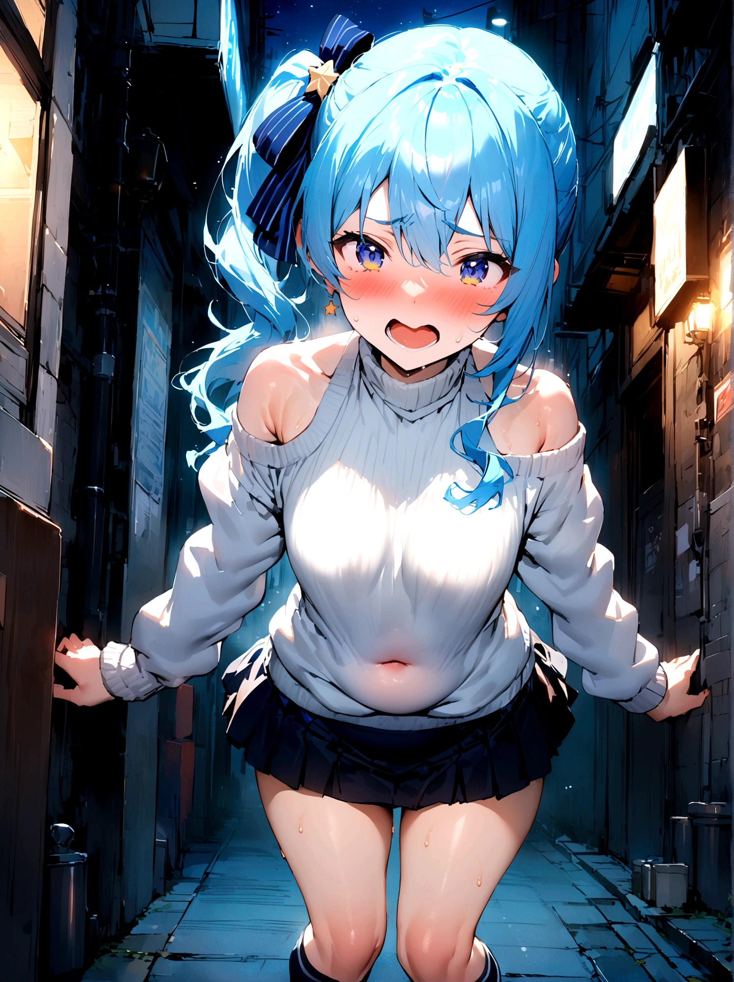 NSFW,masterpiece,Highest quality,High resolution,Super detailed,Star Town Suisei \(Hololive\),Blue Hair,Long Hair,One Side Ponytail,White sweater,Off the shoulder,cropped,belly button,Micro Mini Skirt,Knee-high socks,boots,Embarrassed,blush,Estrus,excited,(male),(Having intense sex),Insert,Creampie,Downtown at night,Alley,Are standing