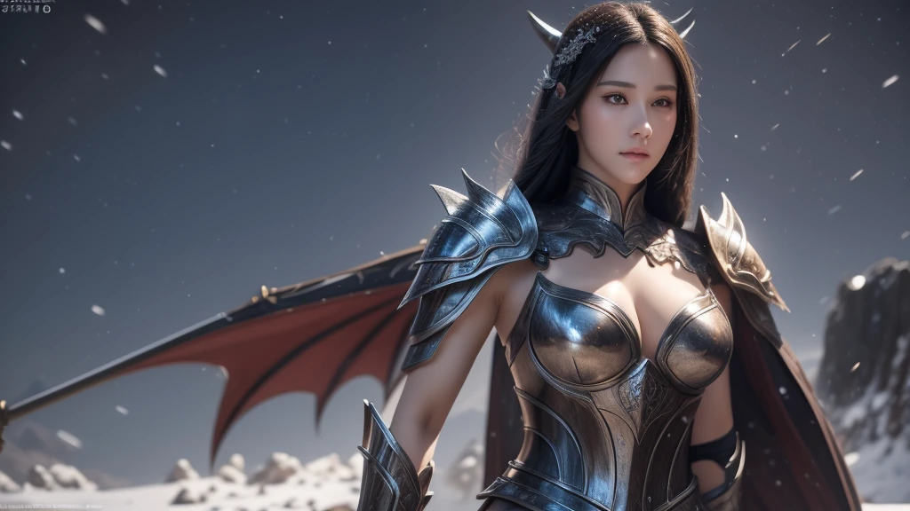 Close-up of woman holding sword and armor, Armor Girl, 2. 5D CGI anime fantasy artwork, Large Breasts,Epic fantasy digital art style, detailed Digital 2D fantasy art, Digital 2D fantasy art, original photo, (best quality:1.3), high resolution, (masterpiece), (lifelike:1.4), Professional photography, Clear focus, High Dynamic Range, 8k resolution, Intricate details, Fine details, Depth of Field, Extremely detailed CG unified 8k wallpaper, masterpiece,poster,best quality,Official Art,(Beauty and aesthetics:1.2),(masterpiece:1.3),Miss,personal,Light Leather Armor,complex pattern,winter,Snow Mountain,Medium distance photography,(midnight),dramatic,Giant bat wings,
