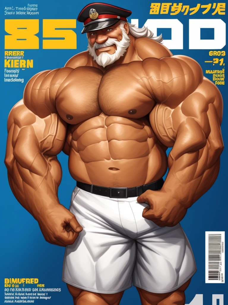 magazine cover. solo, 1boy, perfect anatomy, perfect proportion, smile, grinning, happy. Huge Muscular Old man wearing soldier hat ,(white shorts), view from side, pectoral, thick arms, huge pectoral, wide pectoral, short white hair, red beard and hair, simple background, masterpiece, semirealistic:1.2, high detailed, 8k, high resolution, perfect center, full view. ((really big muscle, massive muscular, sixpack, thick arms, wide pectoral, super huge muscle, hyper muscular, over sized muscle, huge arms, big arms, huge pectoral))