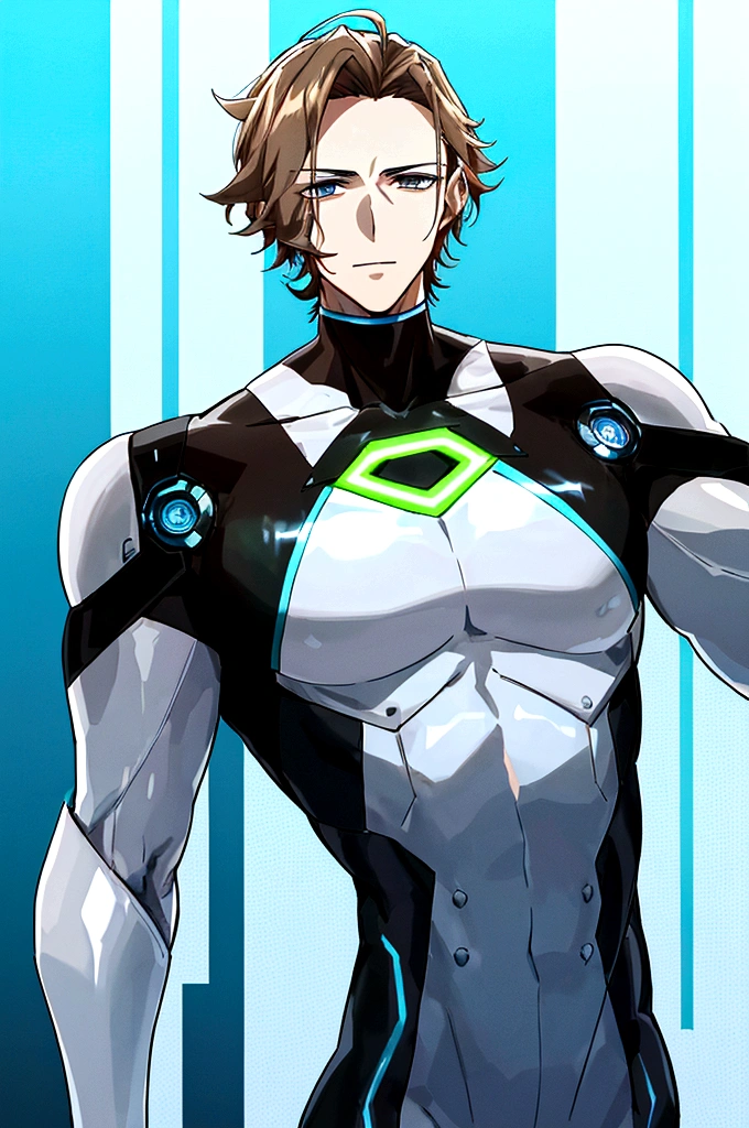 (masculine) (23 years) (a tall, slender young man with a muscular and toned body, His hair is light brown and is messy, covering his forehead., His eyes are blue and his skin is light-skinned..) (robotic body, tight white bodysuit with neon light blue details) (laboratory background)