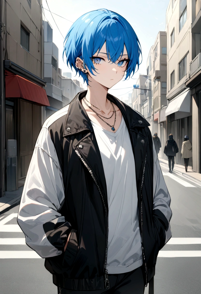 (masterpiece, best quality:1.2), White background、black、White clothes、Blue Hair、blue eyes、whole body、White background、male、Short Hair、Front facing、Street fashion、Jacket、カーゴパンツFront facing、Long piercings、necklace