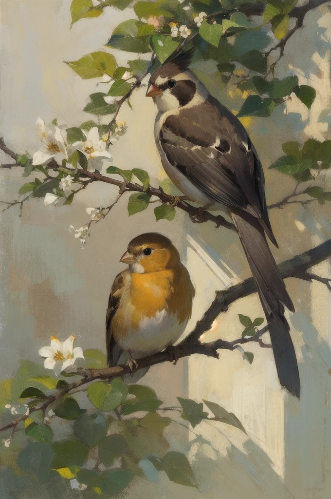 realistic, (best quality, masterpiece:1.3),Finch, branch,still_life, nature light,