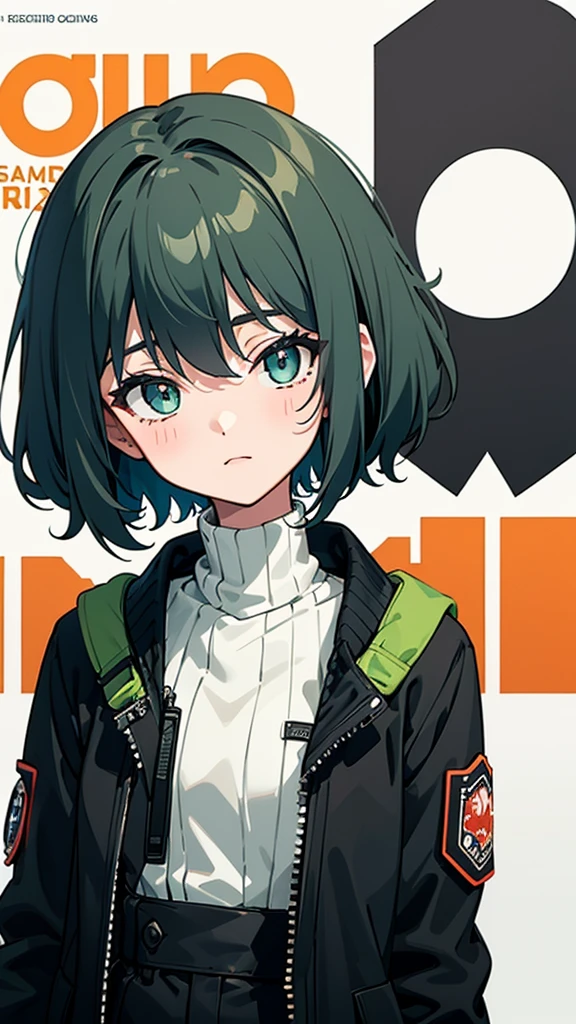 (masterpiece: 1.2, best quality), (1 woman, Solitary, Upper Body: 1.2),Delicate face, black and white,, a girl in a black jacket and green Overalls standing, wearing Overalls, a green colored Bomber Jacket, Overalls , wearing dark green Bomber Jacket, black Bomber Jacket, Black rough clothing, Short shirt with jacket, Black pants, Wearing a turtleneck and jacket, A girl in a black jacket, Bomber Jacket, Black and green, White and black color scheme ((Modern Clothing)) Looking at the audience, Looking at the camera,,magazine cover,Poster close-up