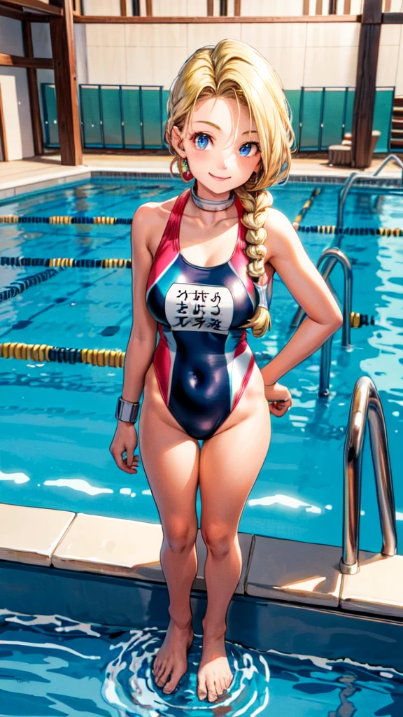 (masterpiece, highest quality:1.2), 1 girl, solo, 1 girl, Bianca, DQ5, illustration, anime style, long hair, blonde hair, single braid, blue eyes, smiling, competitive swimsuit, indoor pool, full body standing pose