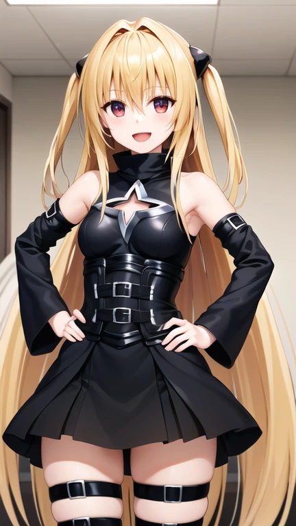 masterpiece, best quality, highres, aayami, very long hair, two side up, hair ornament, bare shoulders, black dress, clothing cutout, detached sleeves, belt, thigh strap, smile, hand on hip, open mouth, indoors