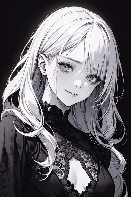 Highest quality, (Background details), High Contrast, Very beautiful girl, Detailed original illustrations、functional、Delicate face、charm、Villainess、sexy、Small breasts、Small stature、Real breasts、Wicked Smile、 Crazy Eyes, Head close-up, Black background, (Black background: 1.5), Beautiful line art、Monochrome