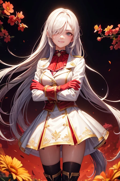(Best Quality:1.2),Alone,1 girl,MDRIN:,SMILE,looking at the viewer,crossed arms,Horse tail,v shaped eyebrows,White jacket,Red shirt,Gloves without fingers,black skirt,choker,illustration,floral garden background,warm color tones,soft lighting, hair over one eye, ultra long hair, standing on the main summit, long boots
