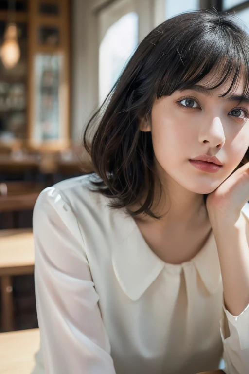 (award winning, 8k, super detailed, high resolution, best quality, photography, portrait), 1girl, solo, beautiful girl, beautiful eyes, detailed eyes, (black eye), white blouse, short hair, black hair, sitting in cafe, POV, ((upper body))