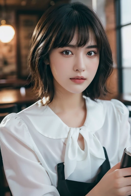 (award winning, 8k, super detailed, high resolution, best quality, photography, portrait), 1girl, solo, beautiful girl, beautiful eyes, detailed eyes, (black eye), white blouse, short hair, black hair, sitting in cafe, POV, ((upper body))