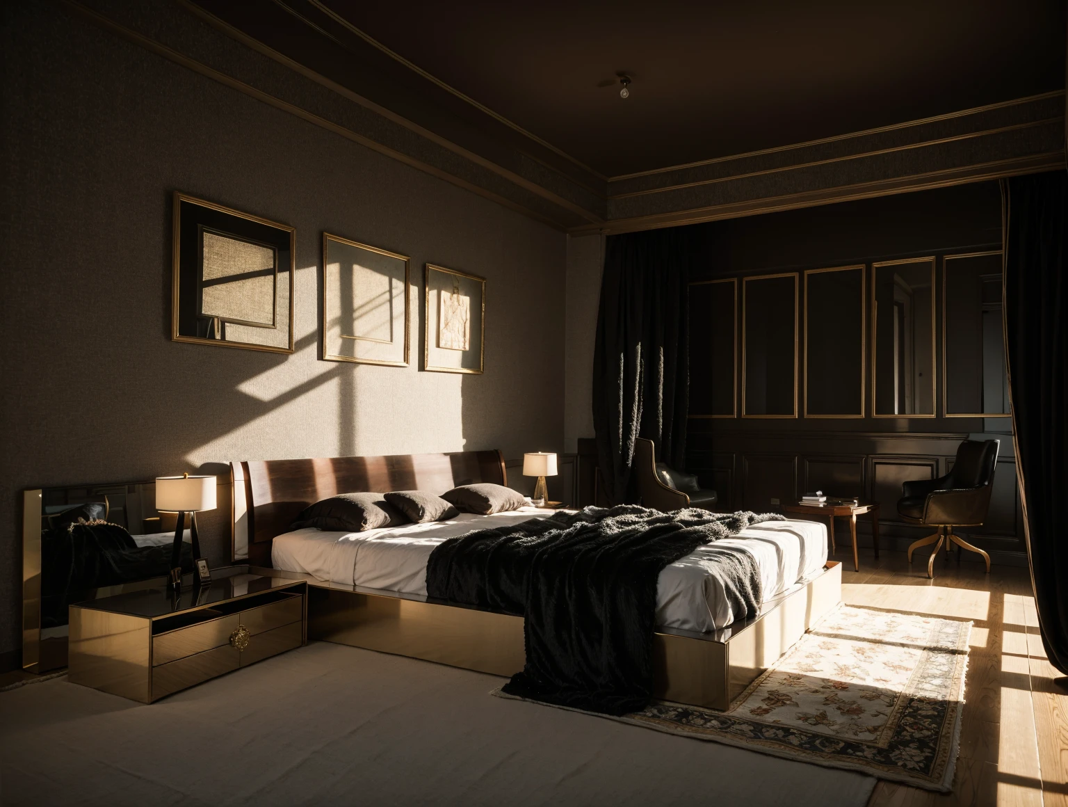 RAW photo of The bedroom becomes a showcase for exquisite works of art , masterpiece, best quality, 8k, ultra highres, In a décor style, On the wall hangs a huge oil painting, The colorful flowers exude a gorgeous fragrance in the shimmering light, On the bedside table are carefully carved crystal vases, Inside it are blooming red roses, The walls are inlaid with black glass，The shimmering light creates a mysterious and romantic atmosphere, A pair of sculptural figures stand at the end of the bed, They seem to be whispering vows of love, Every corner of this bedroom is a unique work of art like being in a dreamy art world