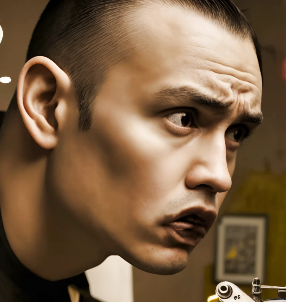 side view of man with concerned looking, perplexed, open jawed very astonished face