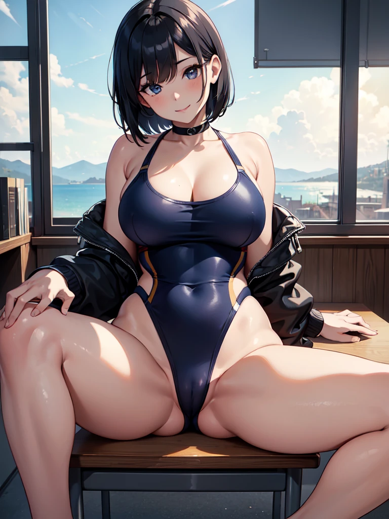 masterpiece, best quality, high definition images, atmospheric perspective, expressive eyes, perfect face, ultra detailed, solo, 1mature seductive woman sitting down in a carelessly sprawled on desk, alluring pose, black short bob hair, navy competition swimsuit, spread legs, curvy, thighs, calm smile, in study room,