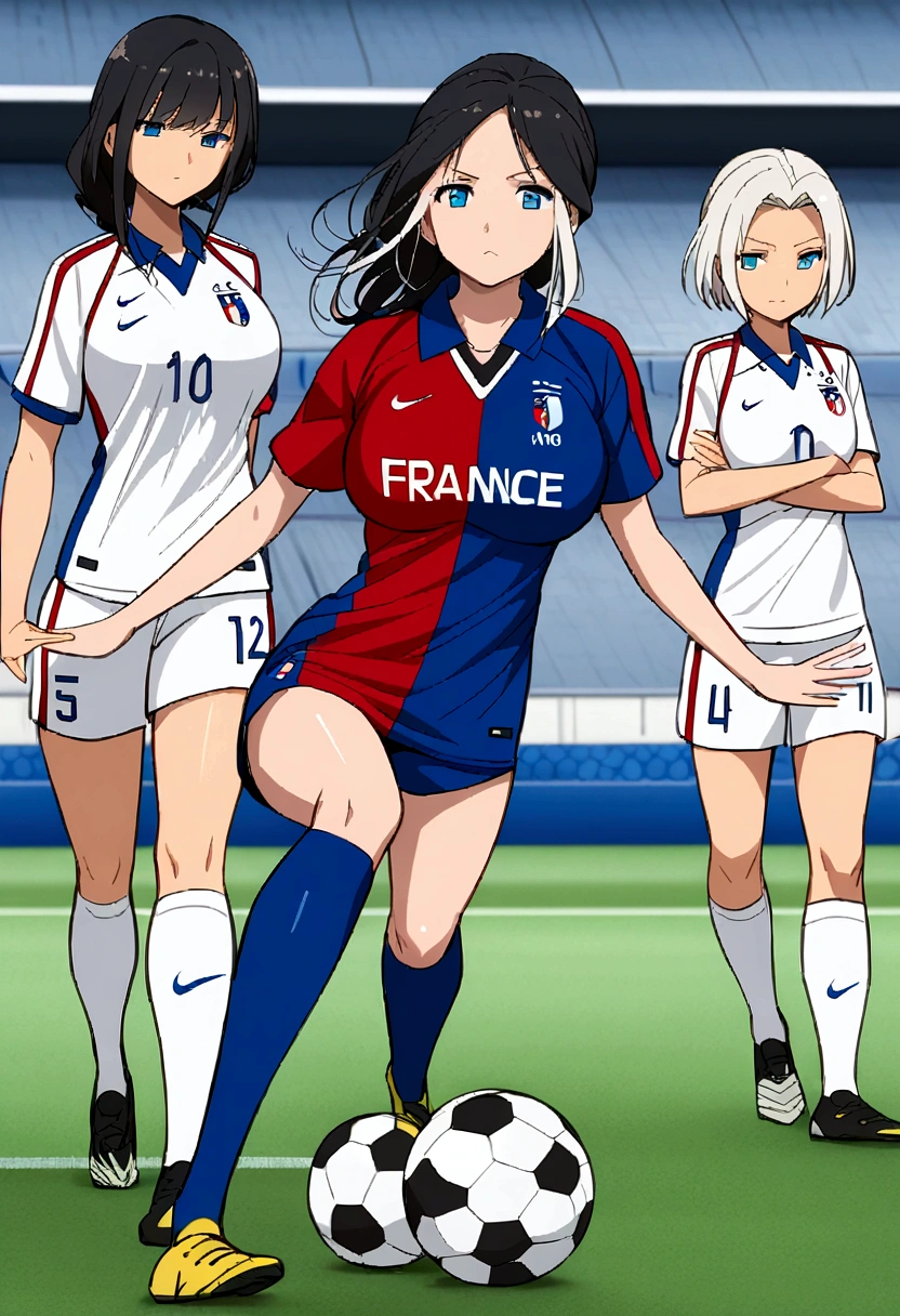 (anime,2D),Women,soccer player,clear skin,thin face ,blue eyes,black hair,wide,fringe,white hair strands,standard height,collected in a queue,big breasts,small waist,long legs,France national team uniform,In a soccer field,kicking the ball.