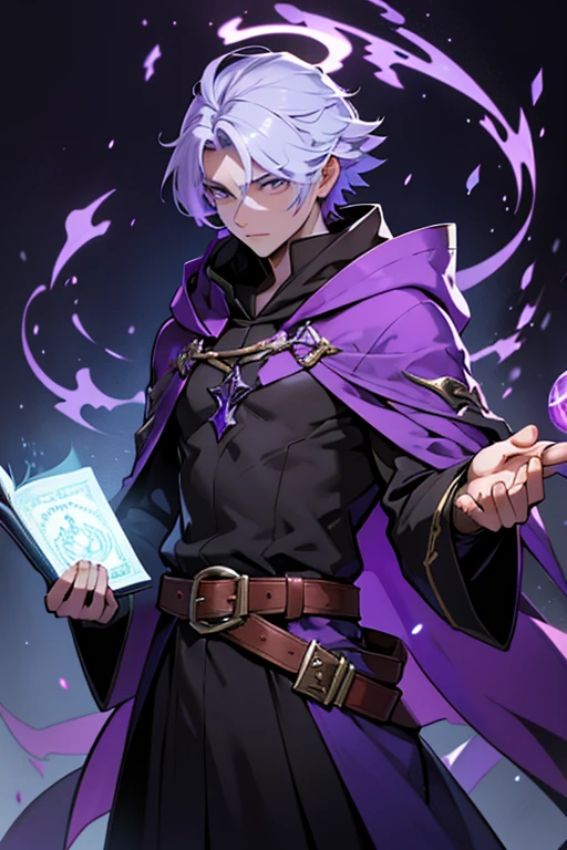 A magically adept male Mage, his deep vibrant purple hooded Robe,hood in head, he holds an open tome of spells in one hand and various potions on his belt. with no background