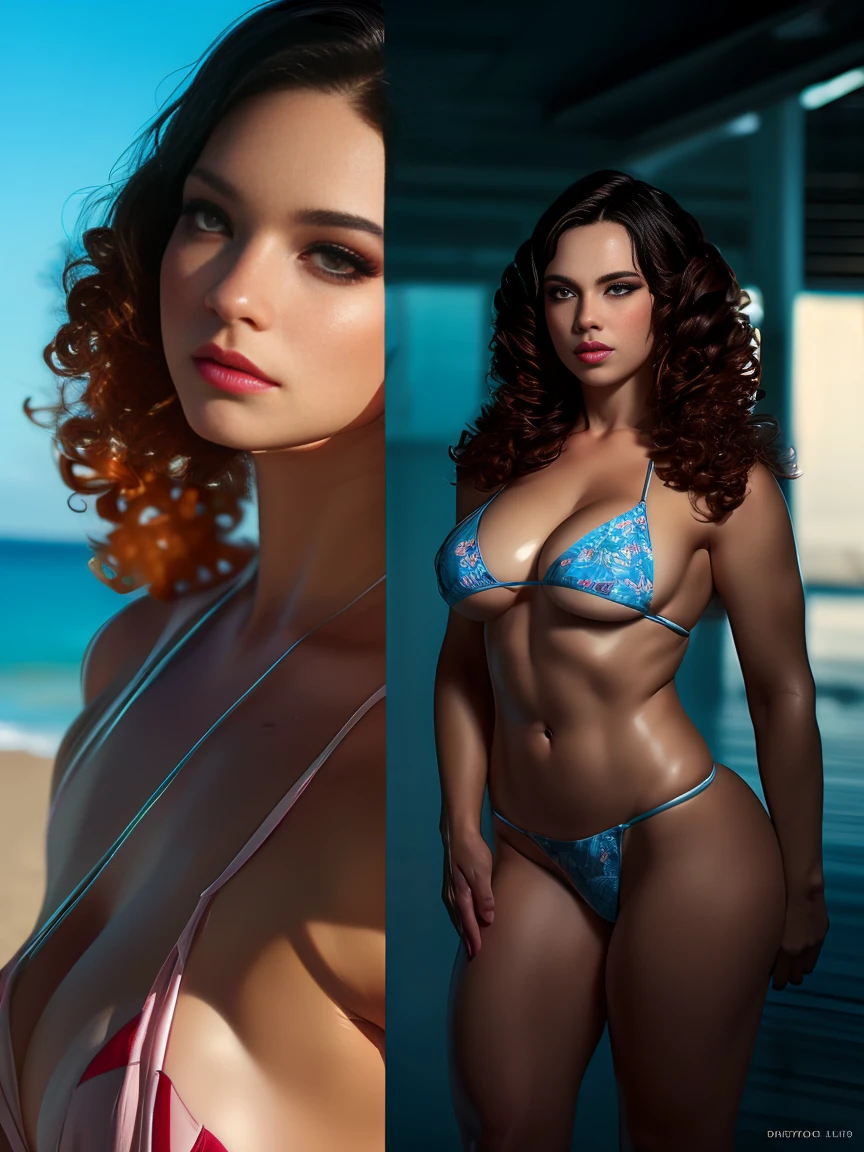 a mature 60-year-old woman with curly burgundy hair in a floral bikini, standing tall on a beach, detailed face,detailed eyes, detailed lips, beautiful curly hair, mature woman, 1woman, bikini, floral pattern, standing pose, beach scene, (best quality,4k,8k,highres,masterpiece:1.2),ultra-detailed,(realistic,photorealistic,photo-realistic:1.37),HDR,UHD,studio lighting,extremely detailed skin,vivid colors,natural lighting,warm color tones,cinematic lighting