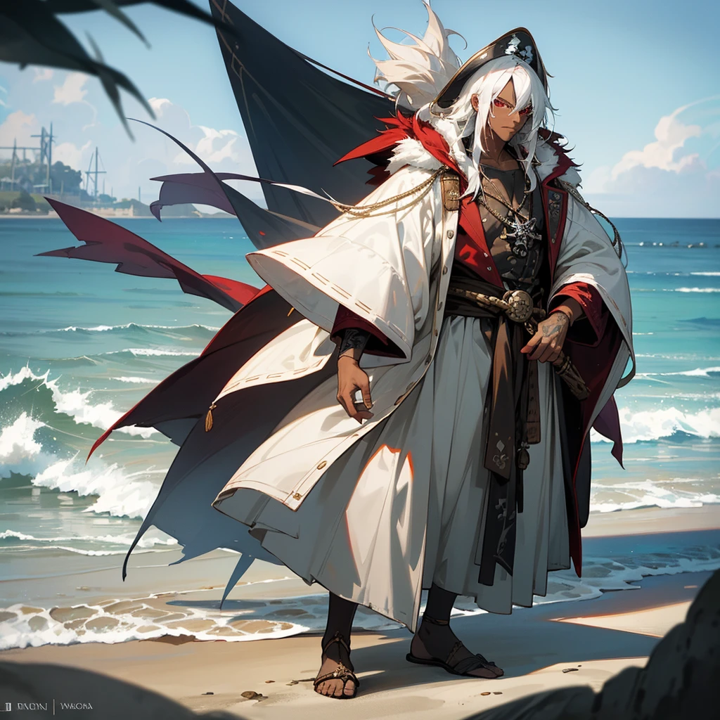 1male, adult, dark skin, finely detailed red eyes, wild medium hair, seashell white hair color, loose pirate clothing, oversized fur hood, standing on coast, day time, beach, somber expression, muscular, flowers, tattoos