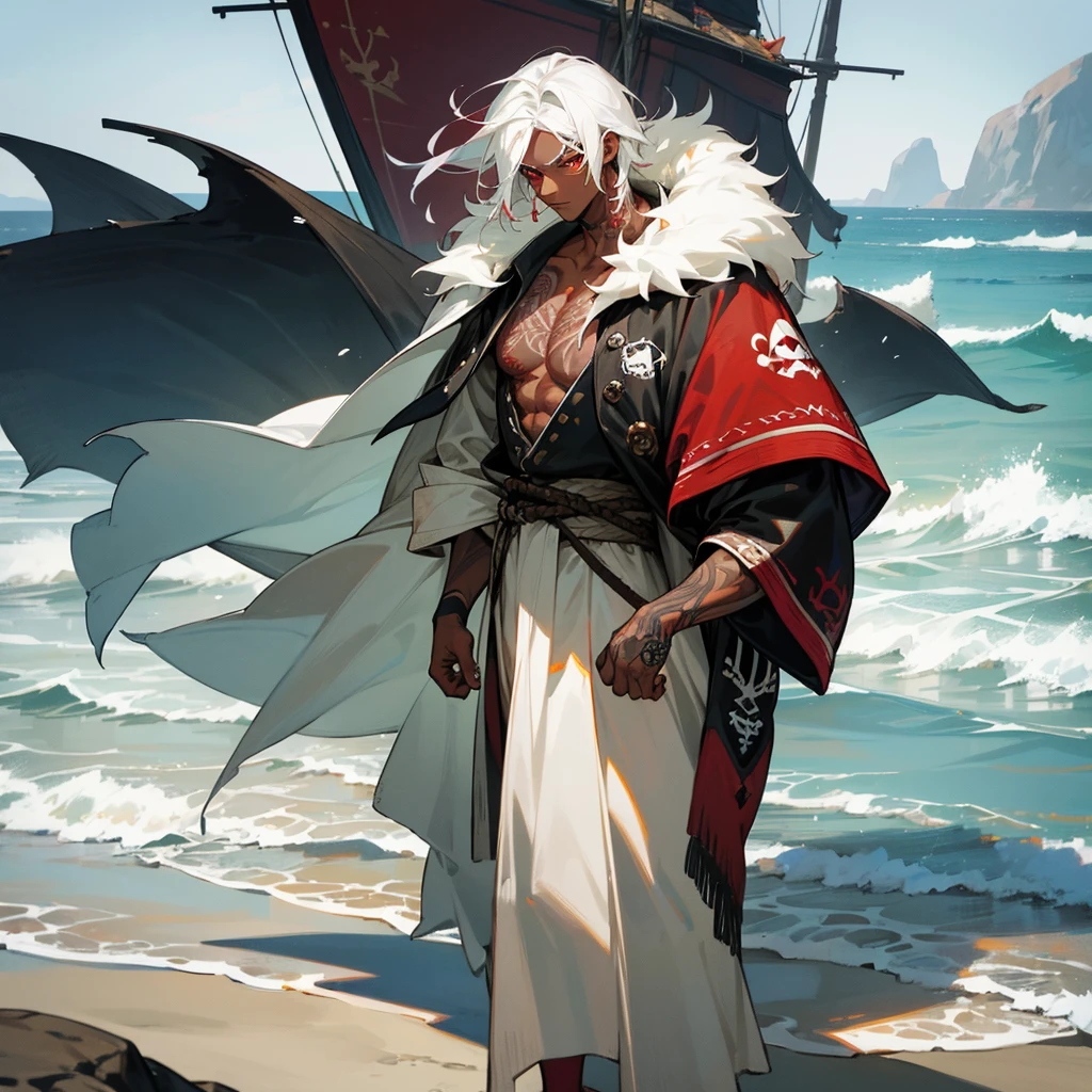 1male, young adult, dark skin, finely detailed red eyes, wild medium hair, seashell white hair color, loose pirate clothing, oversized fur hood, standing on coast, day time, beach, somber expression, muscular, flowers, tattoos