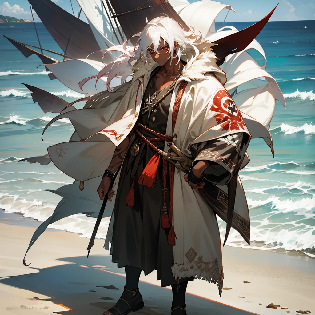 1male,  adult, dark skin, finely detailed red eyes, wild medium hair, seashell white hair color, loose pirate clothing, oversized fur hood, standing on coast, day time, beach, somber expression, muscular, flowers, tattoos