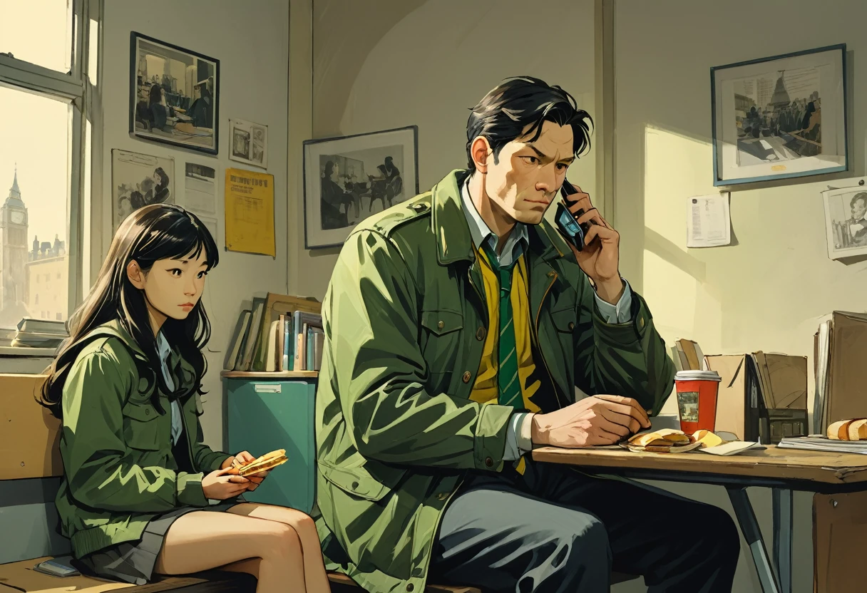 cinematic view, wide angle, an seated man with a dark green jacket talking to a young asian lady in casual outfits and pale yellow jacket, long hairs, he eat a sandwich, detective office with old telefon , some books and cases folders, close view , casual, daily life, graphic novels, vibrant,( style by jenny saville, style by lucian freud:1), dark light, hard shadows, precise, delicate, ligne claire, sketch