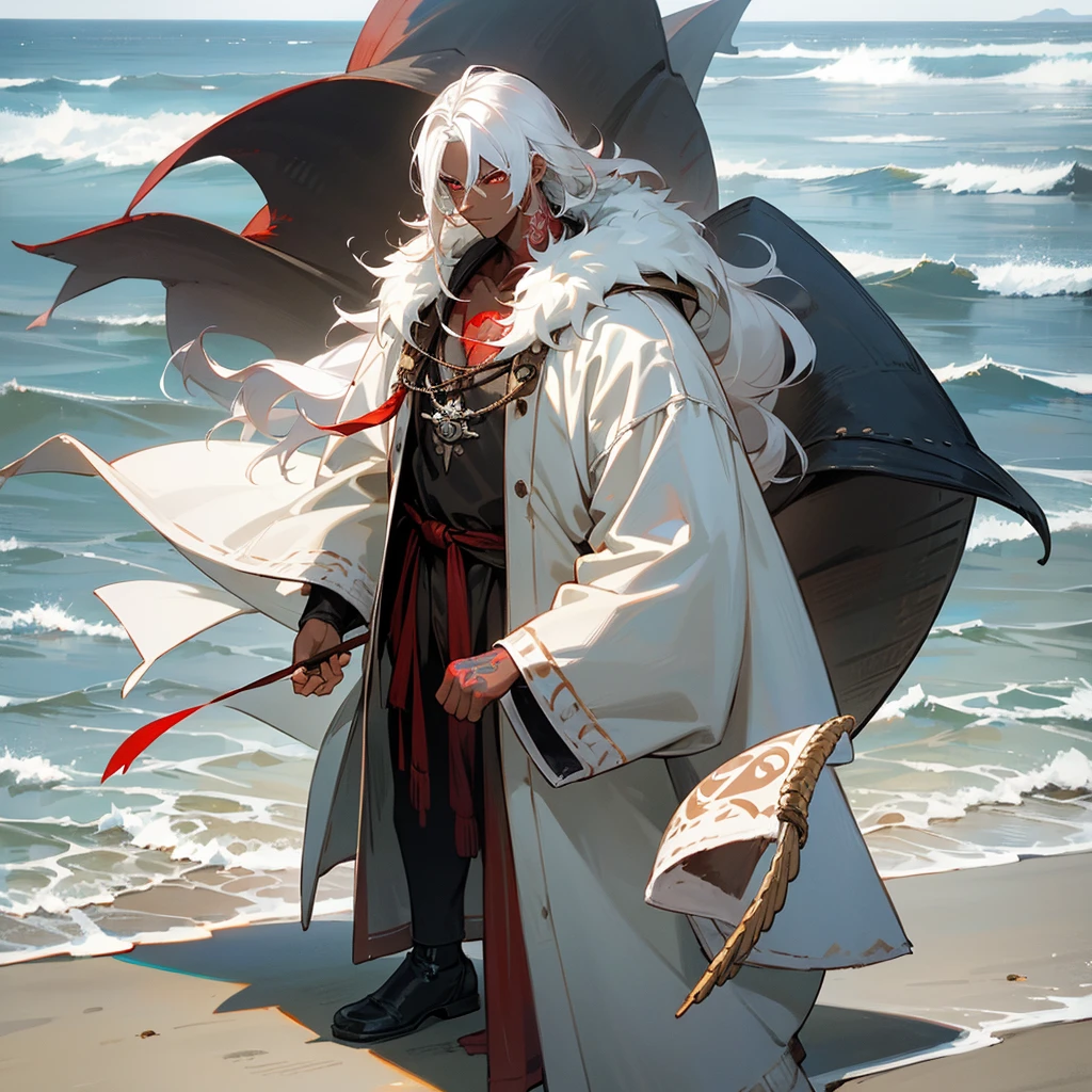 1male, adult, dark skin, finely detailed red eyes, wild medium hair, seashell white hair color, baggy pirate clothing, oversized fur hood, standing on coast, day time, beach, somber expression, muscular, flowers, tattoos