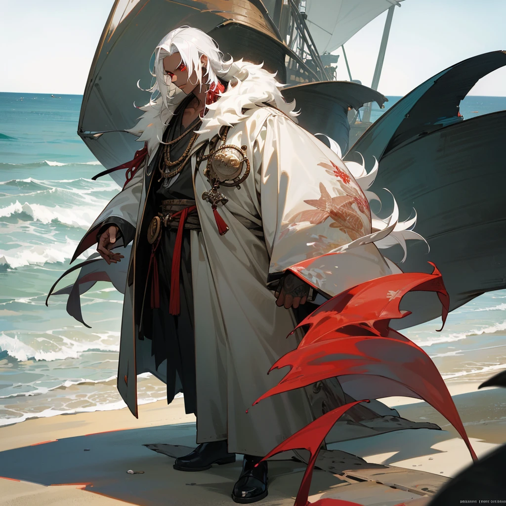 1male, adult, dark skin, finely detailed red eyes, wild medium hair, seashell white hair color, baggy pirate clothing, oversized fur hood, standing on coast, day time, beach, somber expression, muscular, flowers, tattoos