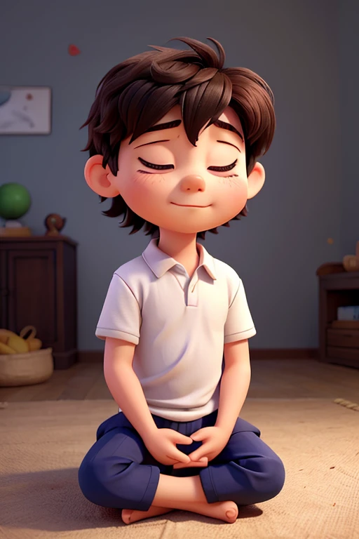 Create an image of an animated little boy who is meditating with his eyes closed
