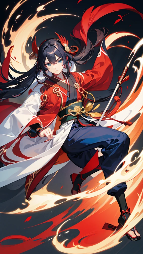 Anime boy with long hair and blue eyes wearing red and black clothes, From the Sengoku period, onmyoji portrait, by Shimo, female Anime characters, By Ren, Anime characters, Wearing old samurai clothes, detailed Anime characters art, by Li Zai, Kantai Collection Style, Full body martial arts, Sengoku period art style
