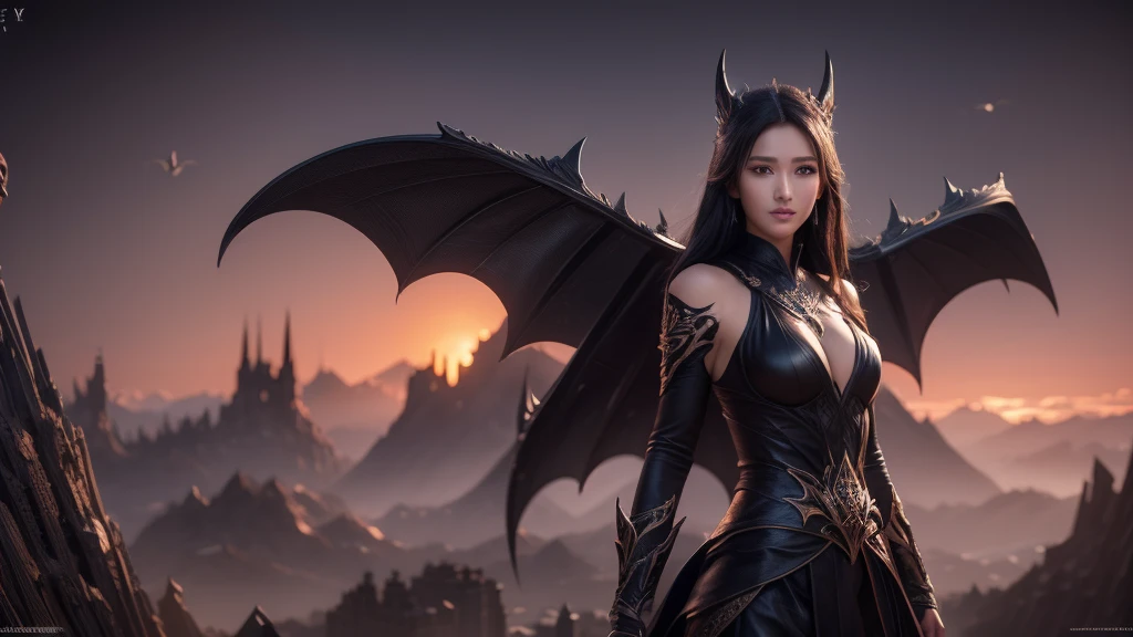 Close-up of a woman, Black robe, 2. 5D CGI anime fantasy artwork, Large Breasts,Epic fantasy digital art style, detailed Digital 2D fantasy art, Digital 2D fantasy art, original photo, (best quality:1.3), high resolution, (masterpiece), (lifelike:1.4), Professional photography, Clear focus, High Dynamic Range, 8k resolution, Intricate details, Fine details, Depth of Field, Extremely detailed CG unified 8k wallpaper, masterpiece,poster,best quality,Official Art,(Beauty and aesthetics:1.2),(masterpiece:1.3),Miss,personal,complex pattern,City ruins,Medium distance photography,(early morning),dramatic,Giant bat wings,