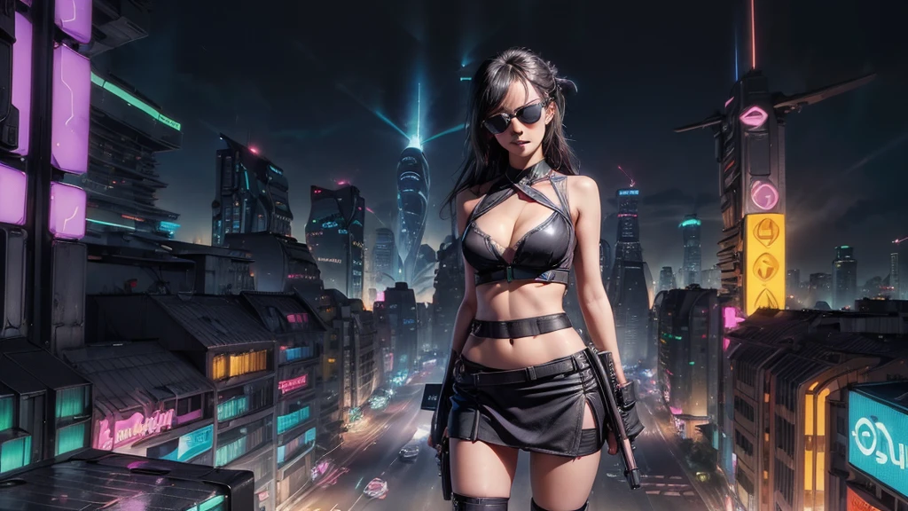 (((aerial view))) of futuristic city, hologram neon buildings, (((futuristic flying cars))) and futuristic cars, Surreal cyberpunk city, in a Future cyberpunk city, 3d rendering Beeple, at night. large-breast photorealistic sexy woman, (((breast cleavage))), perfect face, tank top, (((((miniskirt, black sunglasses, pistol shooting pose))))), standing, leaning forward, (((((half-body thigh level medium shot))))).