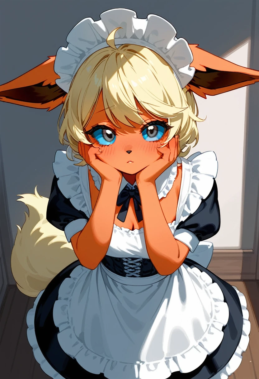 alone, score_9,score_8_above,score_7_above, a female antro flareon, calvo, blue sclera, white eyes, with maid outfit, inside, shy pose, hands to his face