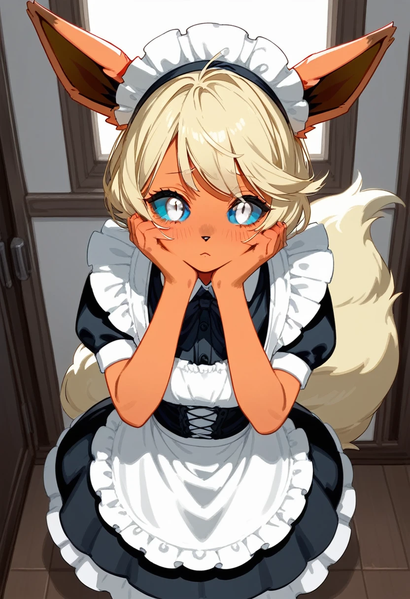 alone, score_9,score_8_above,score_7_above, a female antro flareon, calvo, blue sclera, white eyes, with maid outfit, inside, shy pose, hands to his face