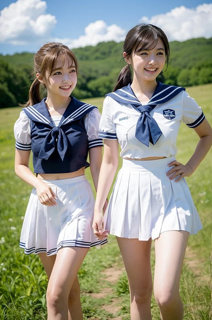 2 girls walking in rural field,cumulonimbus cloud in summer blue sky,white sailor shirt,white panties with navy blue frills,wind blowing up skirt,18-year-old,bangs,a little smile,thighs,knees,short hair with low pigtails bunches,from beside,front light