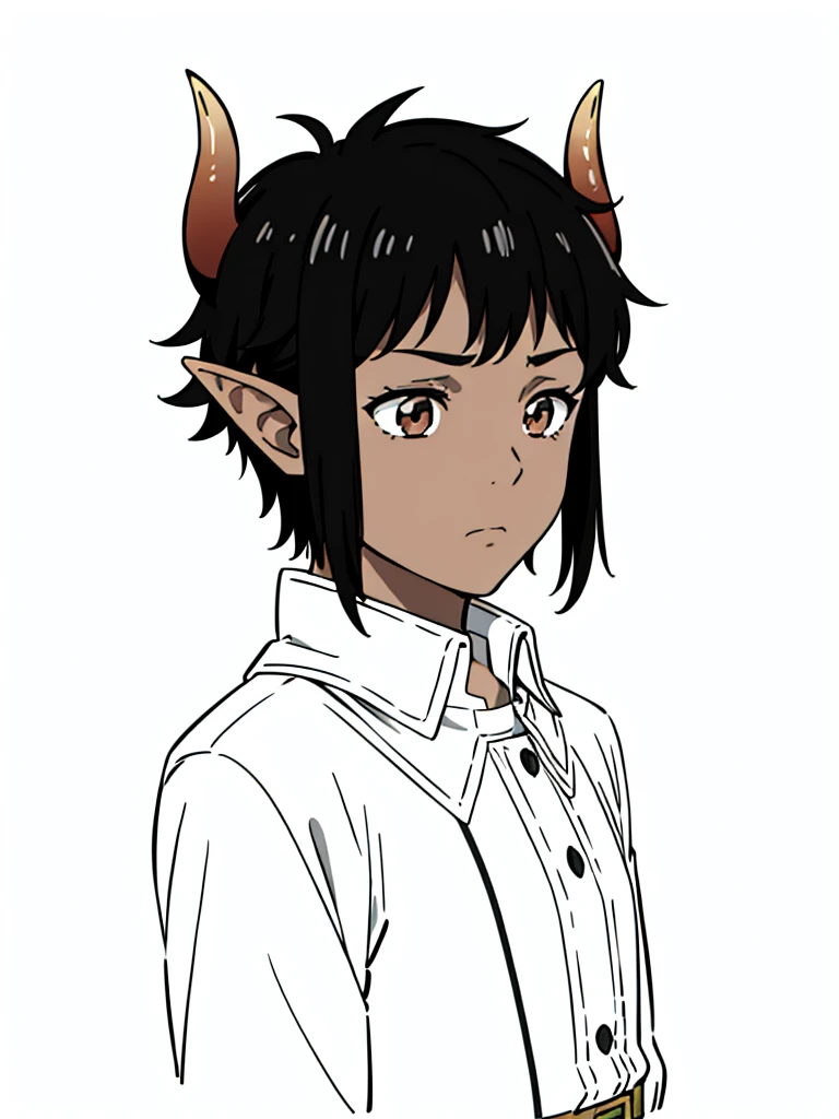 (1boy,8 years old,solo,kid),((dark skin)),short hair,black hair,elf ears,,portrait,from side,sad,(horns),(white background,line drawing)