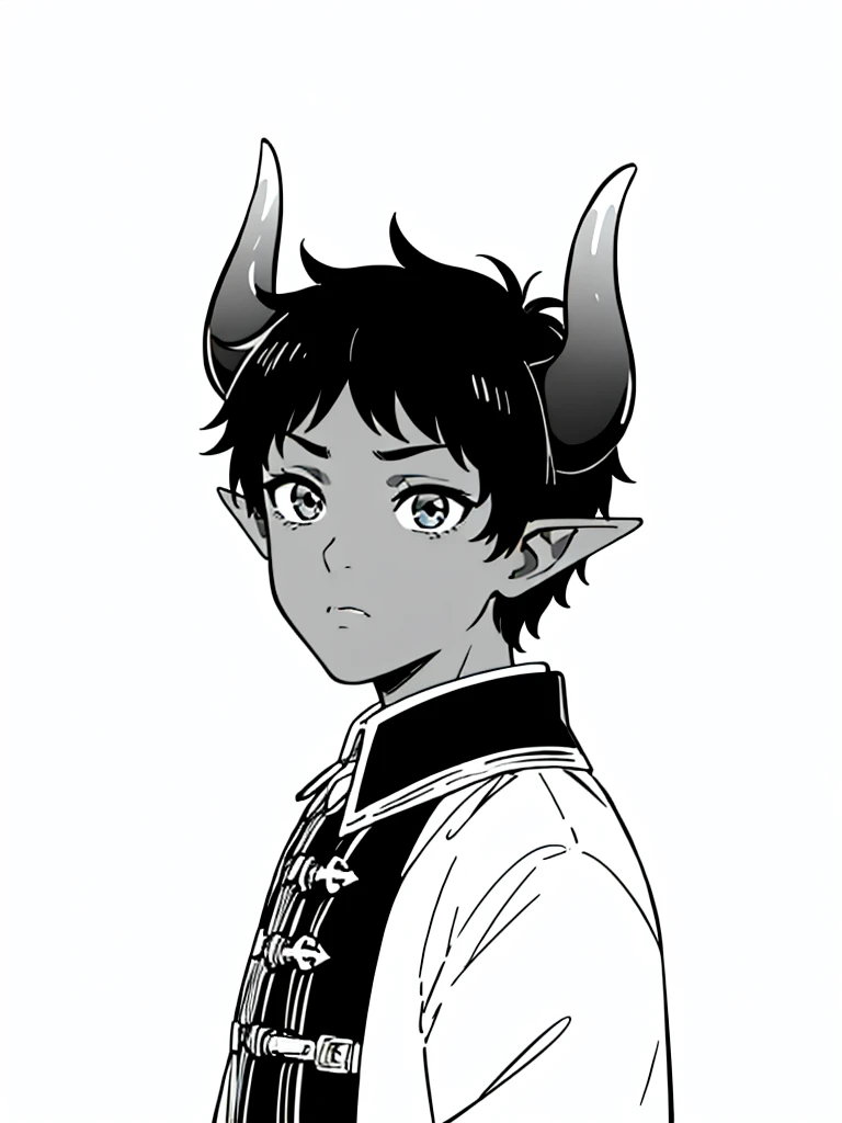 (1boy,8 years old,solo,???),((dark skin)),short hair,black hair,elf ears,,portrait,from side,sad,(horns),(white background,line drawing)